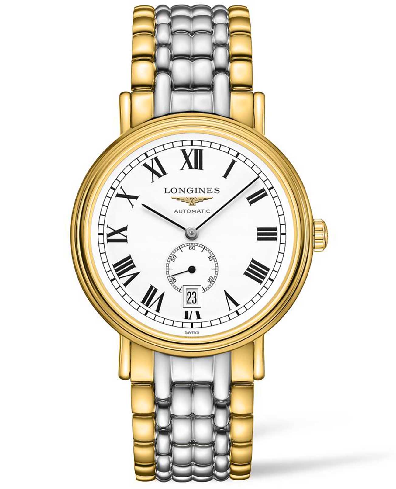 Longines Longines Presence L4.905.2.11.7  L49052117 механические мужские часы белый циферблат, браслет сталь c pvd покрытием — вид спереди